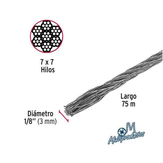 Cable de acero, 7 X 7 hilos, carrete plástico de 75 m