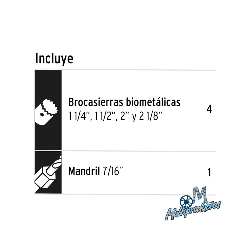 Cargue la imagen en el visor de la galería, Juego de Chaperas - 4 brocasierras bimetálicas y 1 mandril
